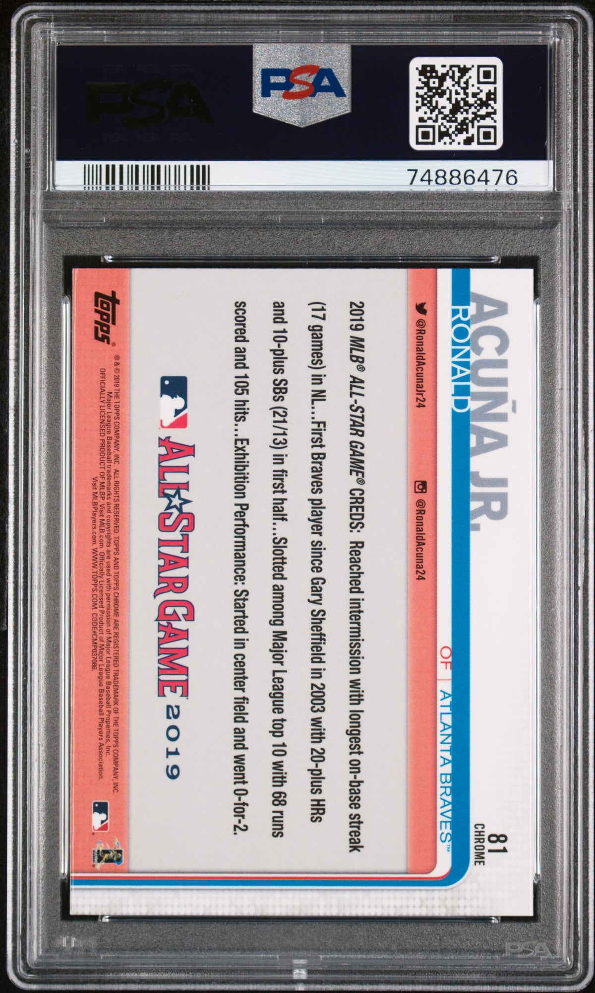 Ronald Acuna Jr 2019 Topps Chrome Update Baseball Card #81 Graded PSA 10-Powers Sports Memorabilia