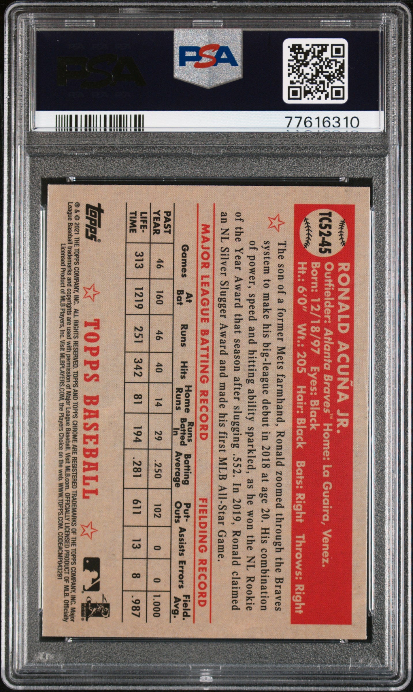 Ronald Acuna Jr 2021 Topps 1952 Redux Chrome Baseball Card #TC5245 Graded PSA 10-Powers Sports Memorabilia