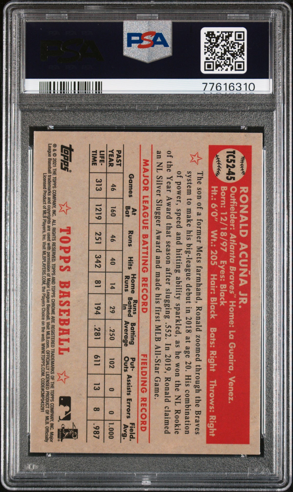 Ronald Acuna Jr 2021 Topps 1952 Redux Chrome Baseball Card #TC5245 Graded PSA 10-Powers Sports Memorabilia