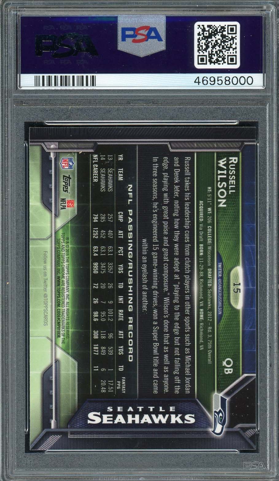 Russell Wilson 2015 Topps Chrome Green Refractor Football Card #15 Graded PSA 10-Powers Sports Memorabilia