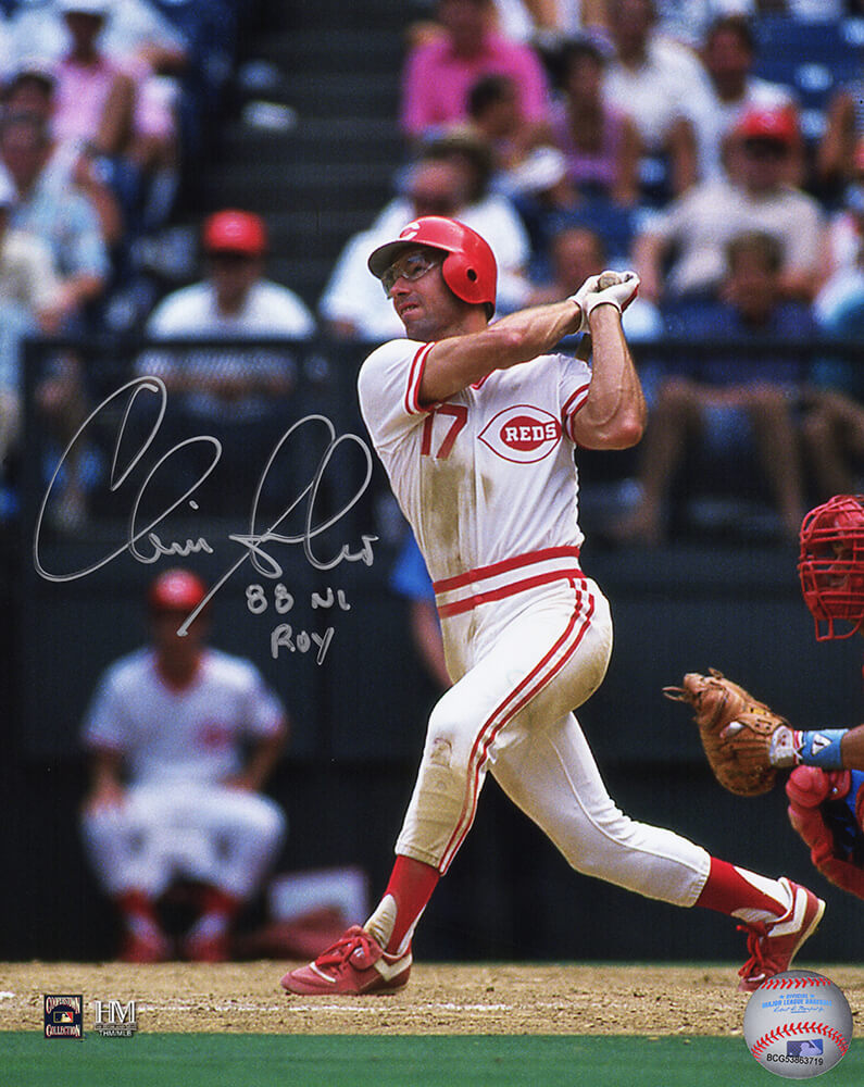 Chris Sabo Autographed Cincinnati Reds Swinging Action 8x10 Photo with 88 NL ROY-Powers Sports Memorabilia