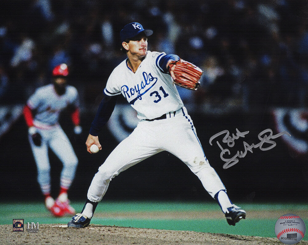 Bret Saberhagen Autographed Kansas City Royals 1985 World Series Pitching Action 8x10 Photo-Powers Sports Memorabilia
