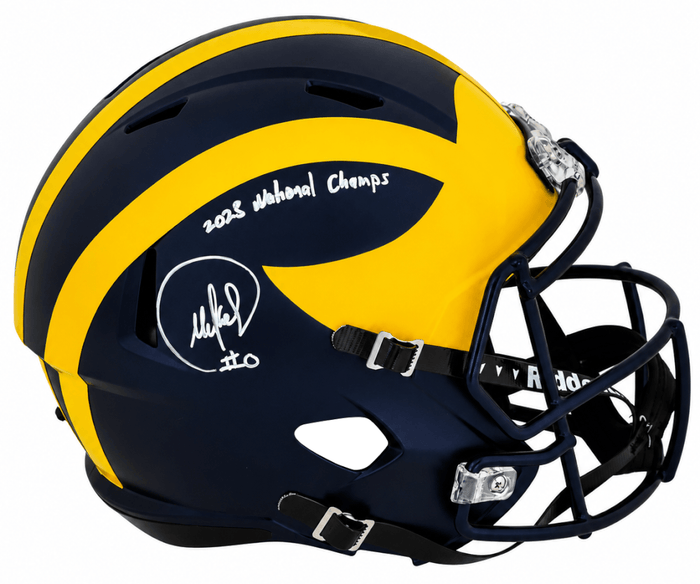 Mike Sainristil Autographed Michigan Wolverines Riddell Full Size Speed Replica Helmet with 2023 National Champs-Powers Sports Memorabilia