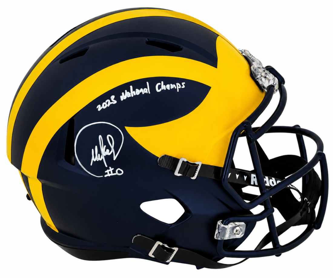 Mike Sainristil Autographed Michigan Wolverines Riddell Full Size Speed Replica Helmet with 2023 National Champs-Powers Sports Memorabilia