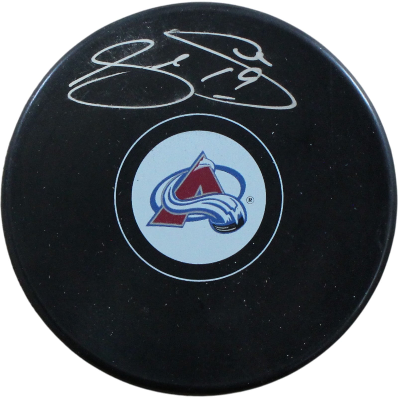 Joe Sakic Colorado Avalanche Logo Signed Puck-Powers Sports Memorabilia