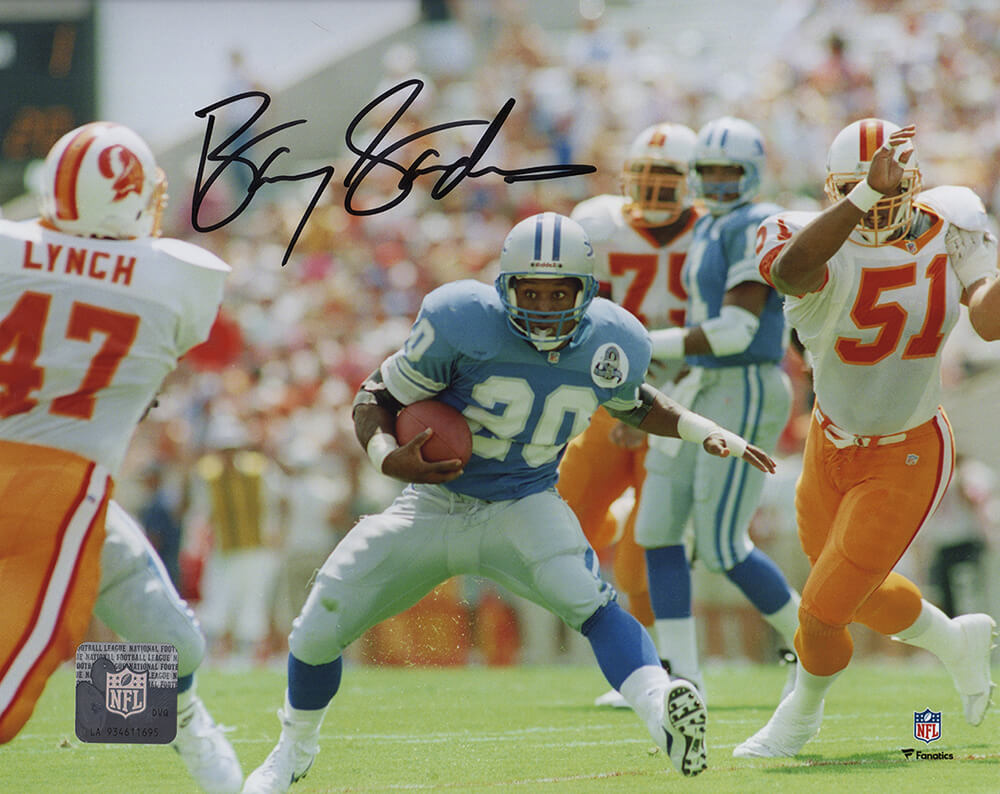 Barry Sanders Autographed Detroit Lions vs Tampa Bay Bucs Action 8x10 Photo-Powers Sports Memorabilia