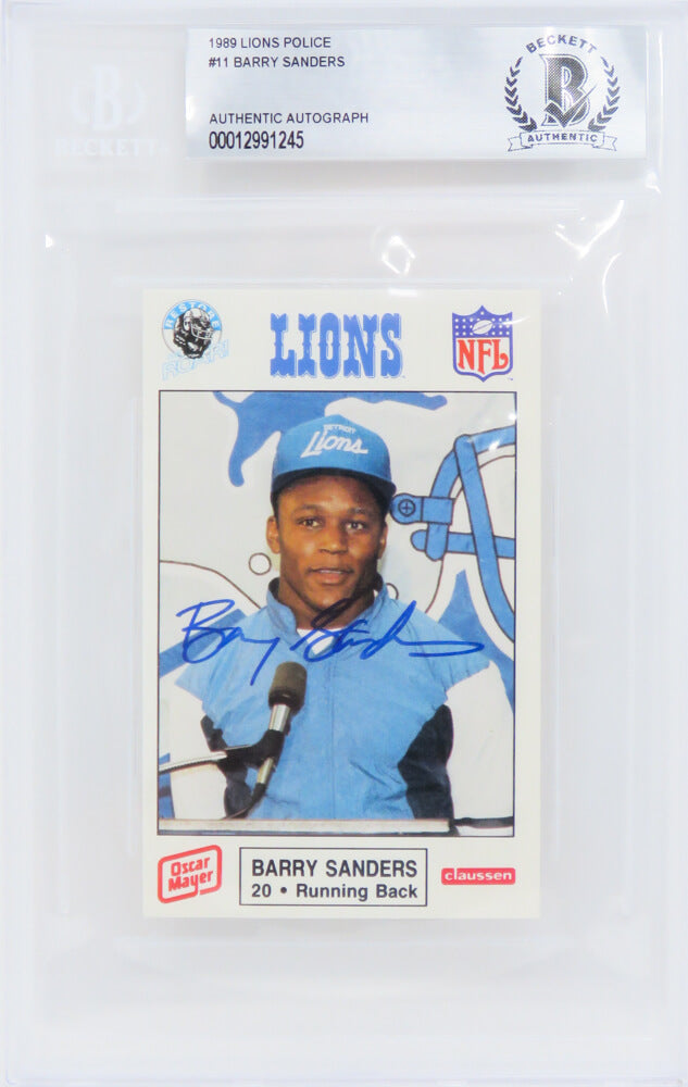 Barry Sanders Autographed Detroit Lions 1989 Police Oscar Mayer Football Trading Card - (Beckett Encapsulated)-Powers Sports Memorabilia