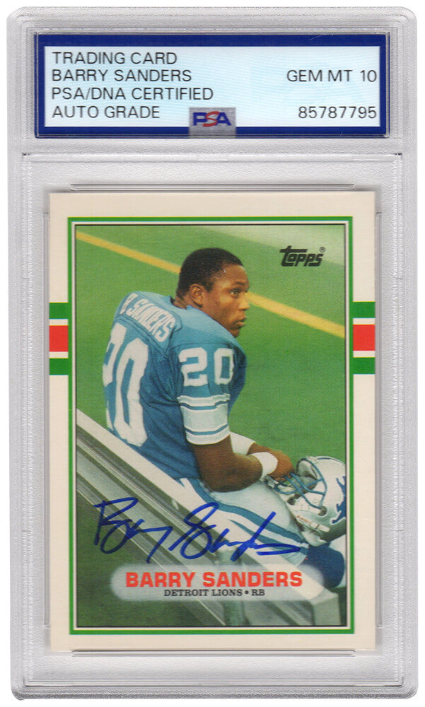 Barry Sanders Autographed Lions 1989 Topps Rookie Football Card #83T - (PSA / Auto Grade 10)-Powers Sports Memorabilia