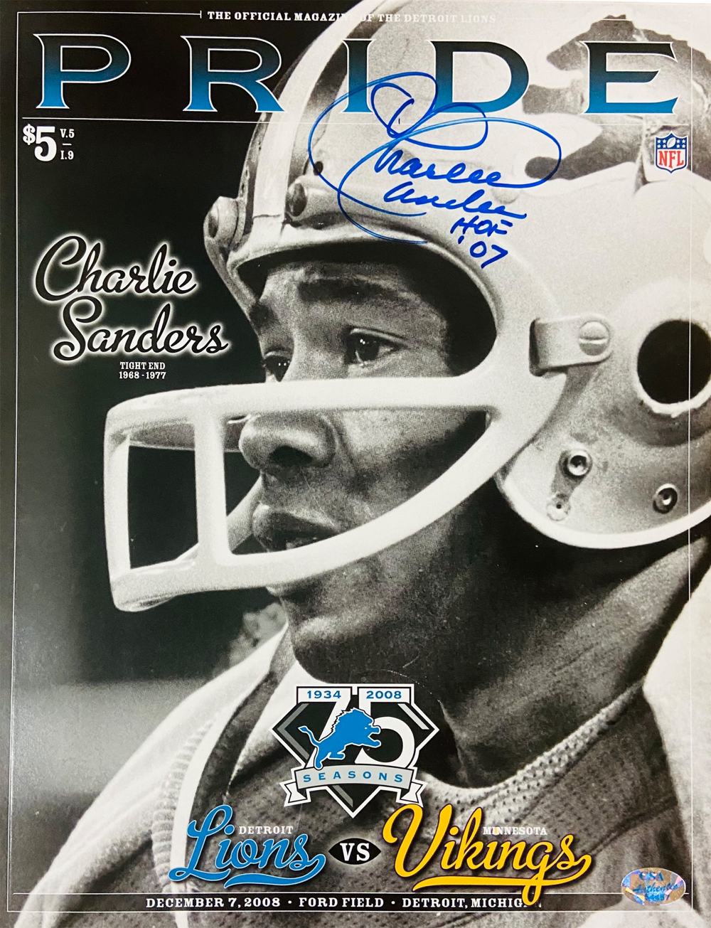 Charlie Sanders Detroit Lions Signed Magazine - 2008 Pride Magazine HOF Beckett Beckett-Powers Sports Memorabilia