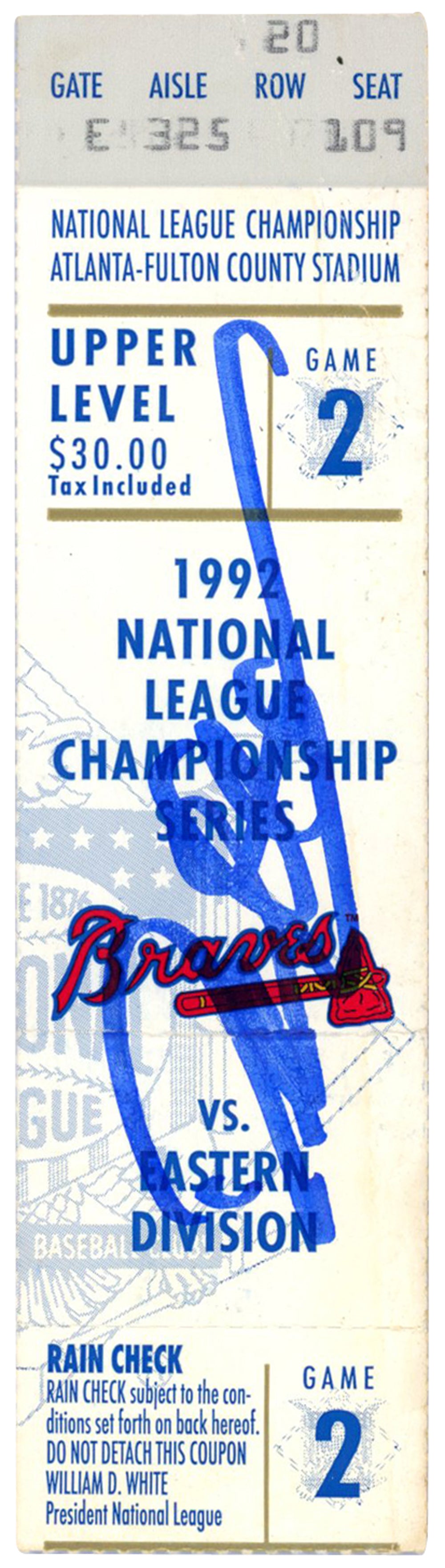 Deion Sanders Atlanta Braves Signed Card - 1992 NLCS Game 2 Ticket Beckett-Powers Sports Memorabilia