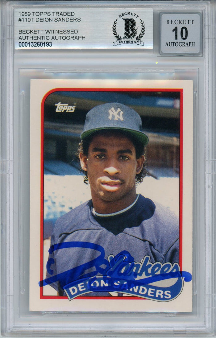 Deion Sanders Signed 1989 Topps Traded #110T Rookie Card BAS 10 Slab-Powers Sports Memorabilia