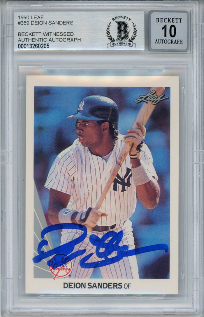 Deion Sanders Signed 1990 Leaf Rookie Card BAS 10 Slab-Powers Sports Memorabilia