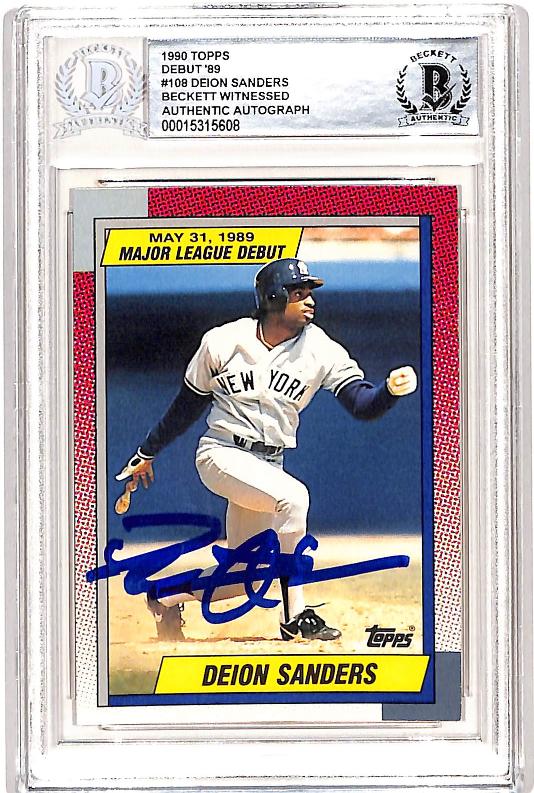 Deion Sanders New York Yankees Signed Card - 1989 Topps Debut #108 Beckett Beckett-Powers Sports Memorabilia