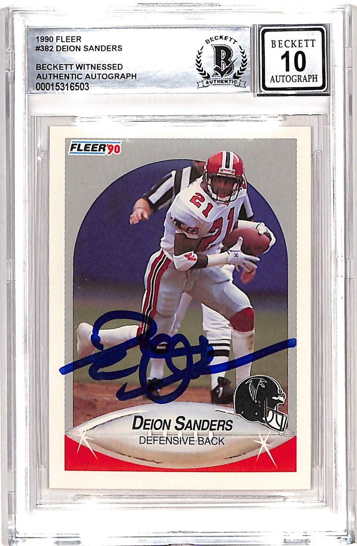 Deion Sanders Signed 1990 Fleer #382 Trading Card 10 Auto – Beckett Authenticated-Powers Sports Memorabilia