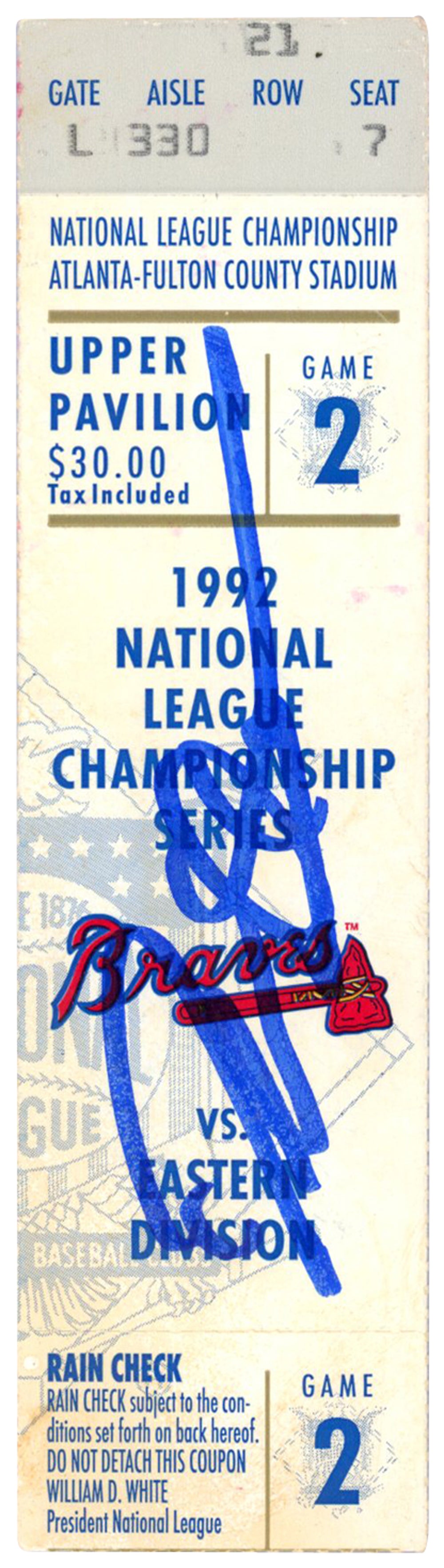 Deion Sanders Atlanta Braves Signed Card - 1992 NLCS Game 2 Ticket Beckett - 37151-Powers Sports Memorabilia
