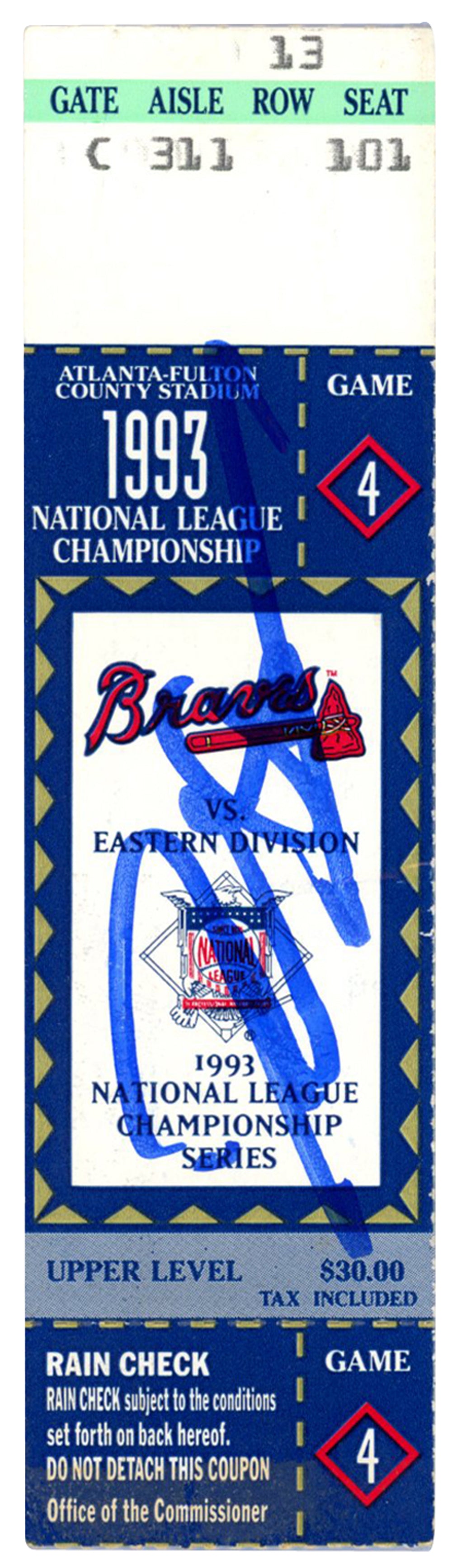 Deion Sanders Atlanta Braves Signed Card - 1993 NLCS Game 4 Ticket Beckett-Powers Sports Memorabilia