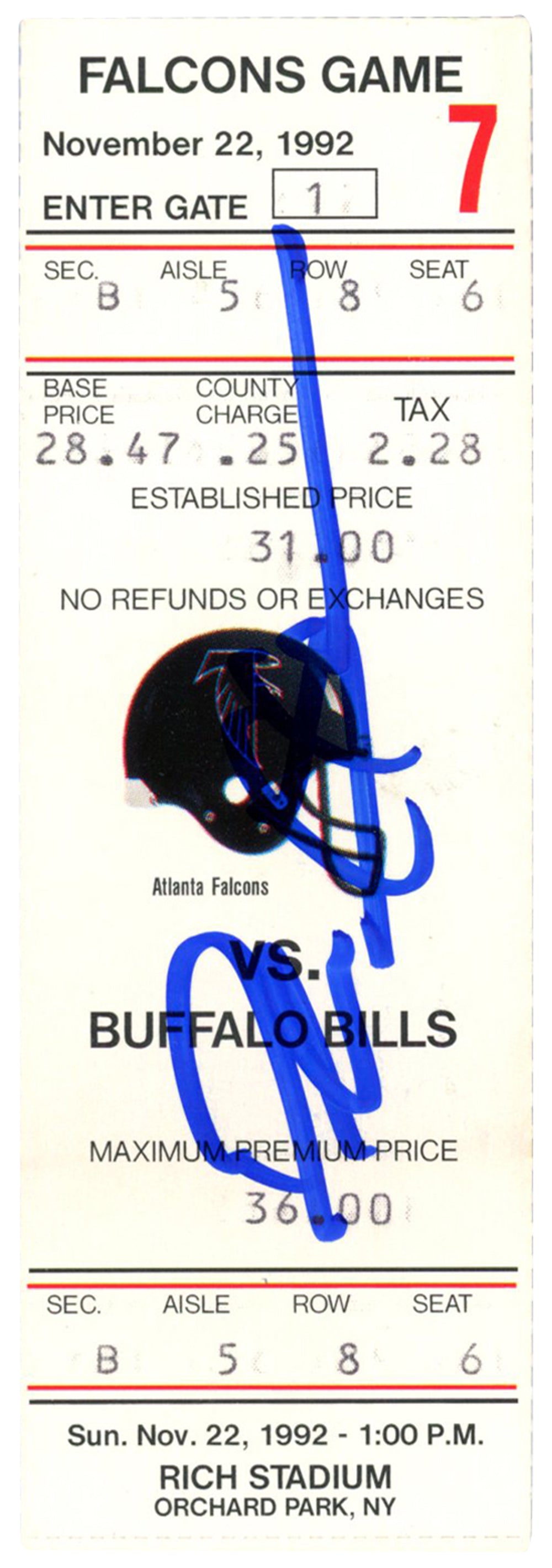 Deion Sanders Atlanta Falcons Signed Card - 11/22/1992 vs Bills Ticket Beckett-Powers Sports Memorabilia