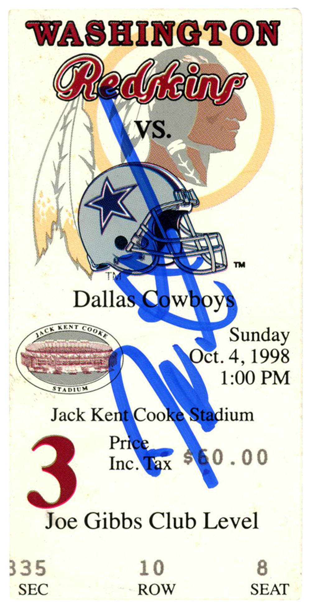 Deion Sanders Dallas Cowboys Signed Card - 10/4/1998 @ Redskins Ticket Beckett-Powers Sports Memorabilia