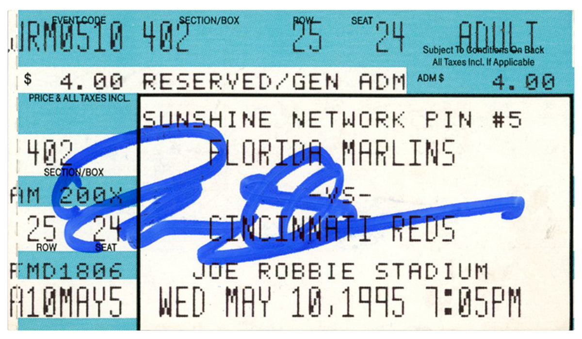 Deion Sanders Cincinnati Reds Signed Card - 5/10/1995 @ Marlins Ticket Beckett - 37163-Powers Sports Memorabilia