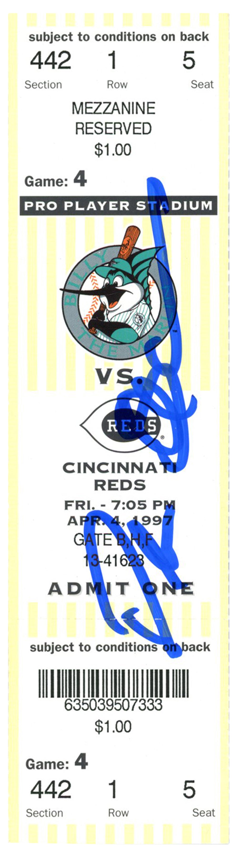 Deion Sanders Cincinnati Reds Signed Card - 4/4/1997 @ Marlins Ticket Beckett-Powers Sports Memorabilia