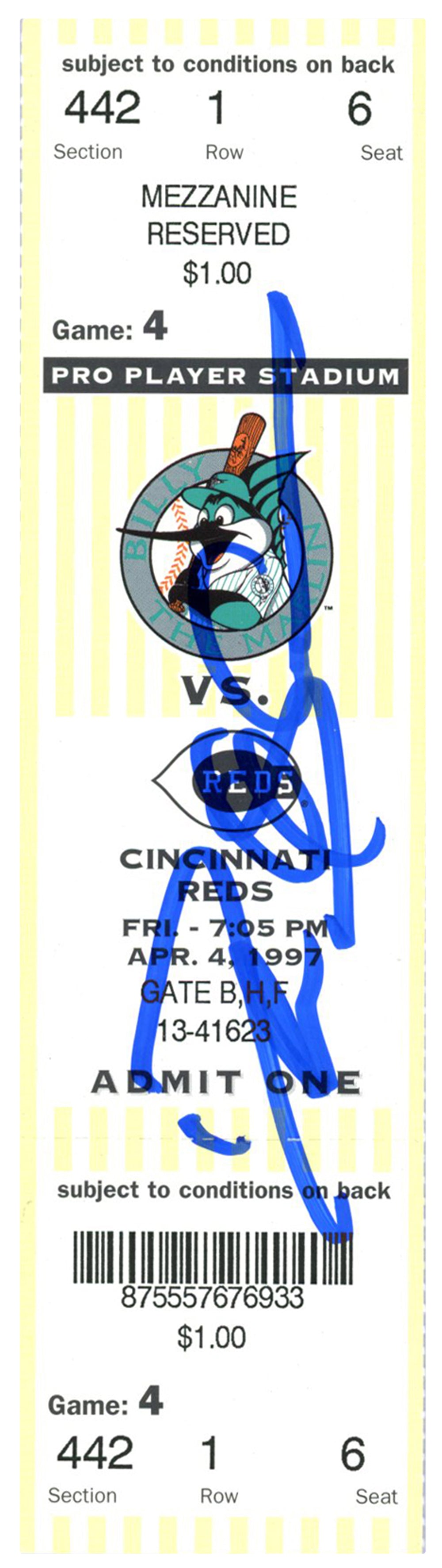 Deion Sanders Cincinnati Reds Signed Card - 4/4/1997 @ Marlins Ticket Beckett - 37165-Powers Sports Memorabilia