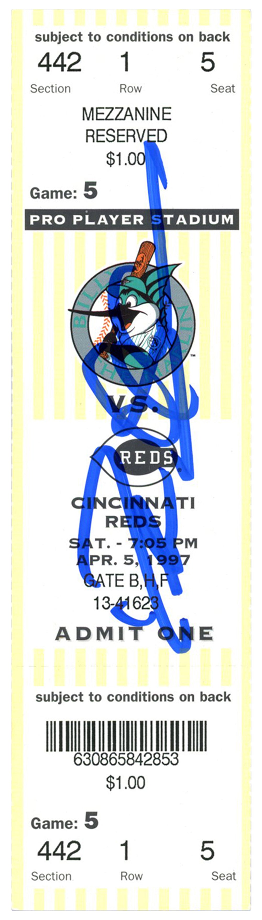 Deion Sanders Cincinnati Reds Signed Card - 4/5/1997 @ Marlins Ticket Beckett-Powers Sports Memorabilia