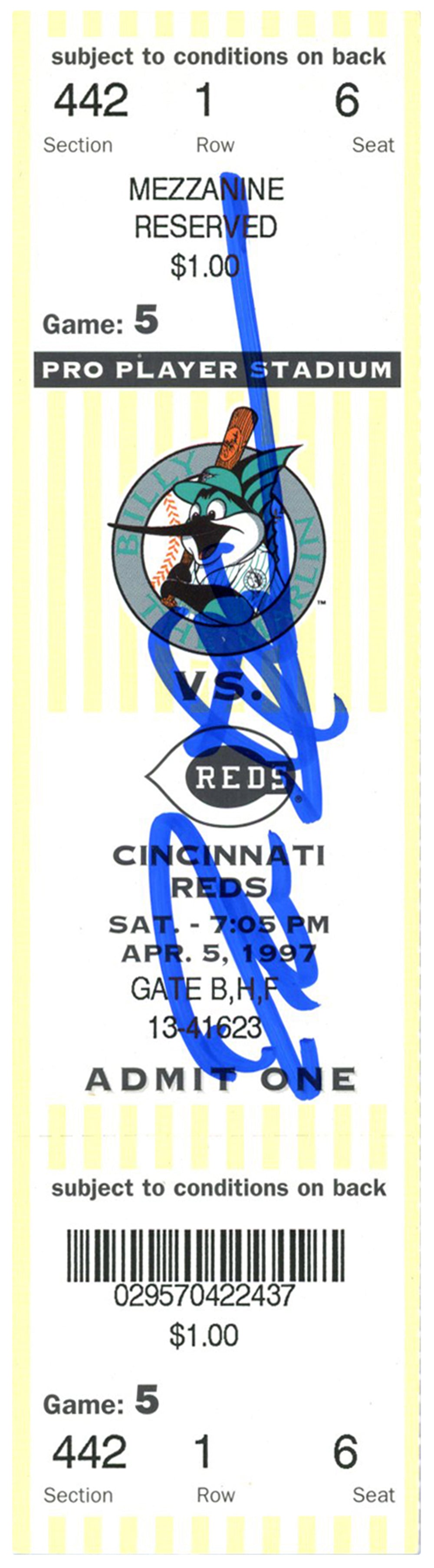 Deion Sanders Cincinnati Reds Signed Card - 4/5/1997 @ Marlins Ticket Beckett - 37167-Powers Sports Memorabilia