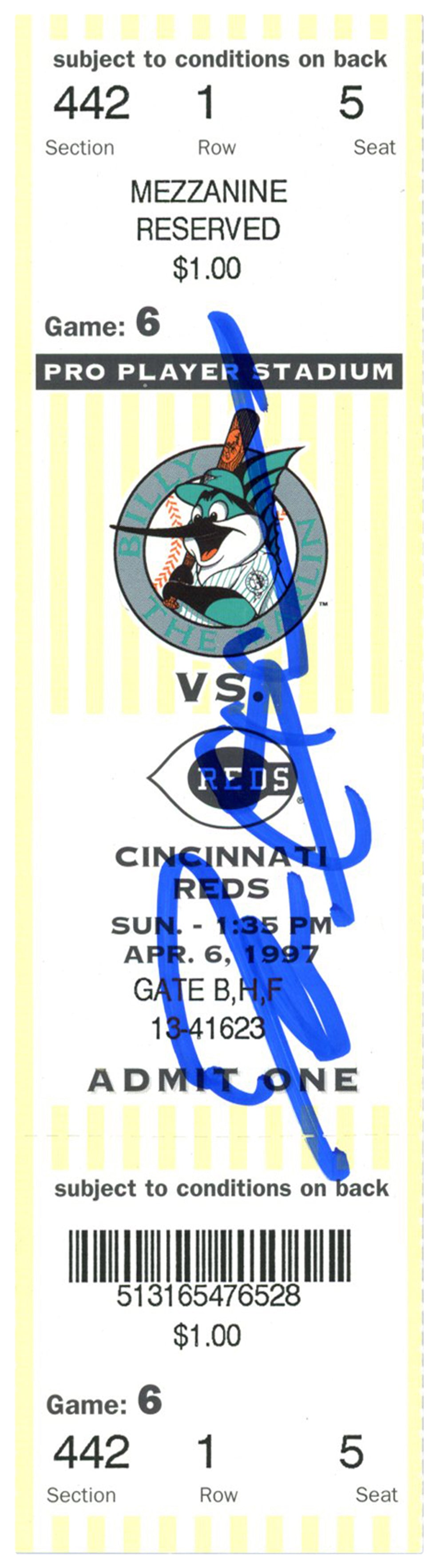 Deion Sanders Cincinnati Reds Signed Card - 4/6/1997 @ Marlins Ticket Beckett-Powers Sports Memorabilia