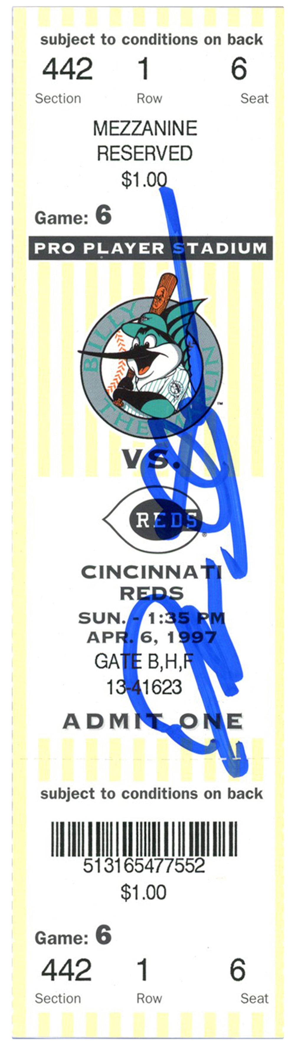 Deion Sanders Cincinnati Reds Signed Card - 4/6/1997 @ Marlins Ticket Beckett - 37169-Powers Sports Memorabilia