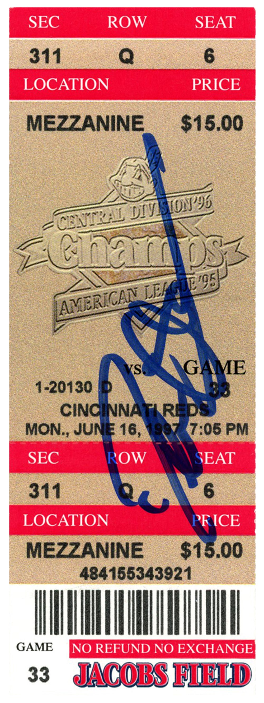 Deion Sanders Cincinnati Reds Signed Card - 6/16/1997 @ Indians Ticket Beckett-Powers Sports Memorabilia