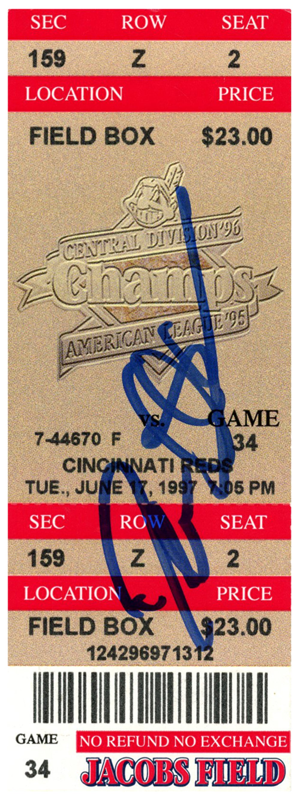 Deion Sanders Cincinnati Reds Signed Card - 6/17/1997 @ Indians Ticket Beckett-Powers Sports Memorabilia