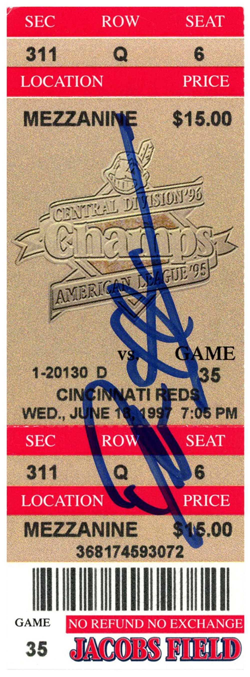 Deion Sanders Cincinnati Reds Signed Card - 6/18/1997 @ Indians Ticket Beckett-Powers Sports Memorabilia