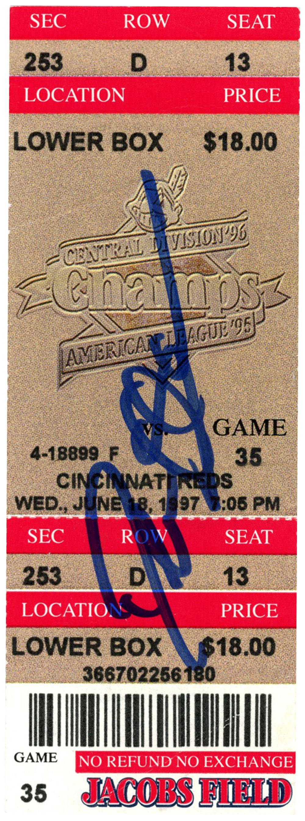 Deion Sanders Cincinnati Reds Signed Card - 6/18/1997 @ Indians Ticket Beckett - 37174-Powers Sports Memorabilia