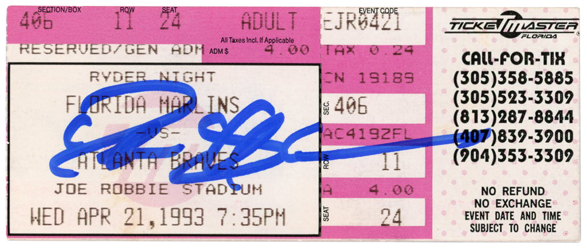Deion Sanders Atlanta Braves Signed Card - 4/21/1993 @ Marlins Ticket Beckett - 37179-Powers Sports Memorabilia