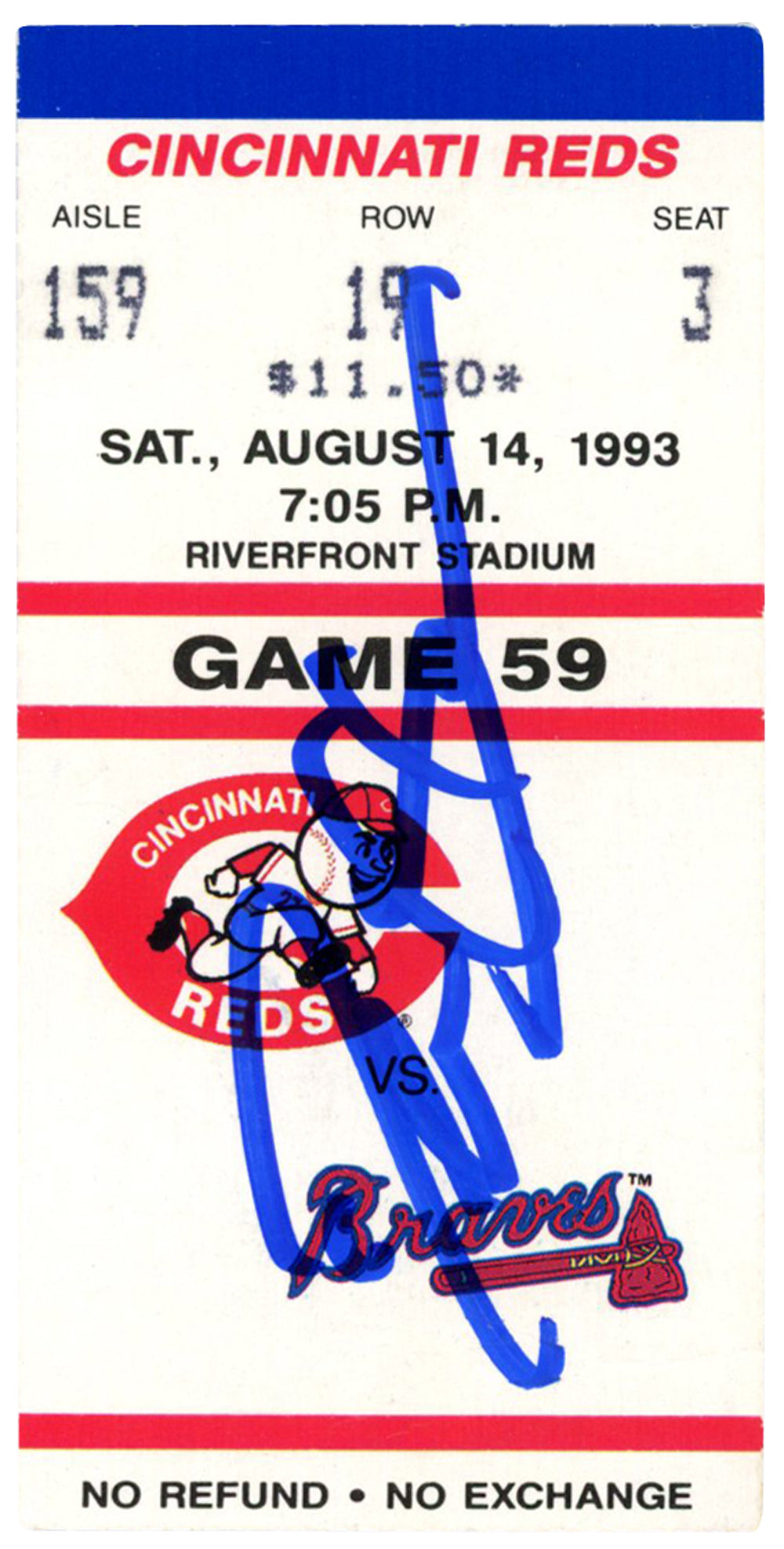 Deion Sanders Atlanta Braves Signed Card - 8/14/1993 vs Reds Ticket Beckett-Powers Sports Memorabilia