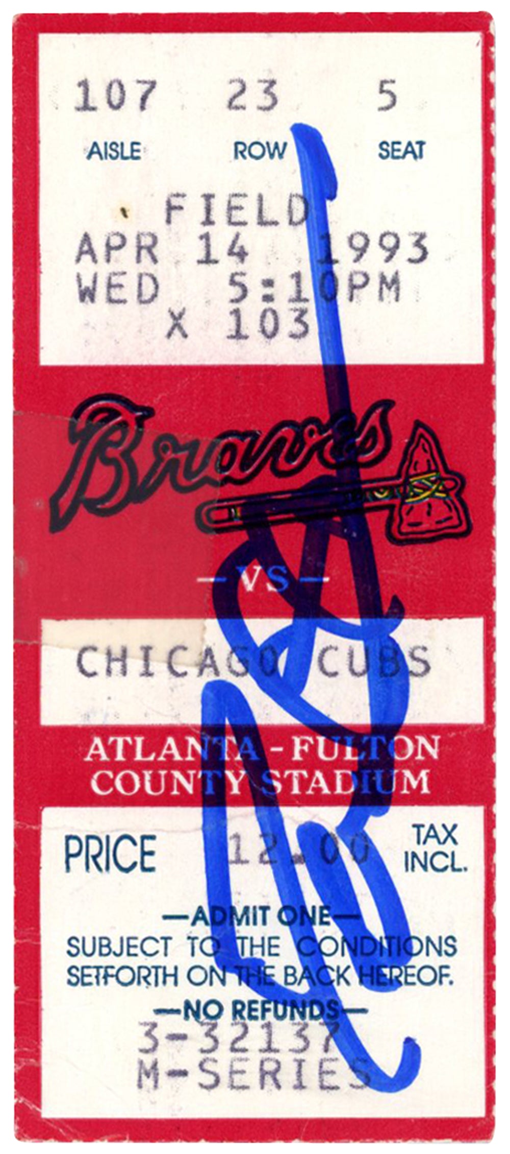 Deion Sanders Atlanta Braves Signed Card - 4/14/1993 vs Cubs Ticket Beckett-Powers Sports Memorabilia