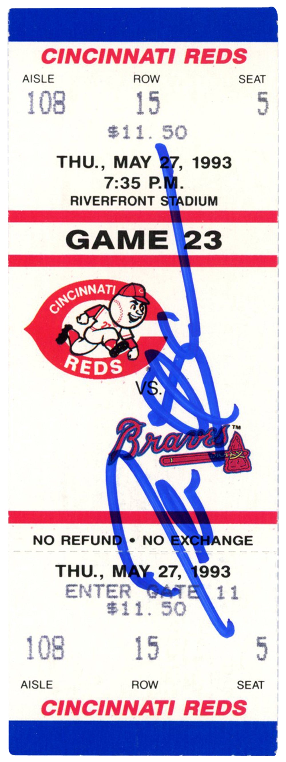 Deion Sanders Atlanta Braves Signed Card - 5/27/1993 vs Reds Ticket Beckett-Powers Sports Memorabilia