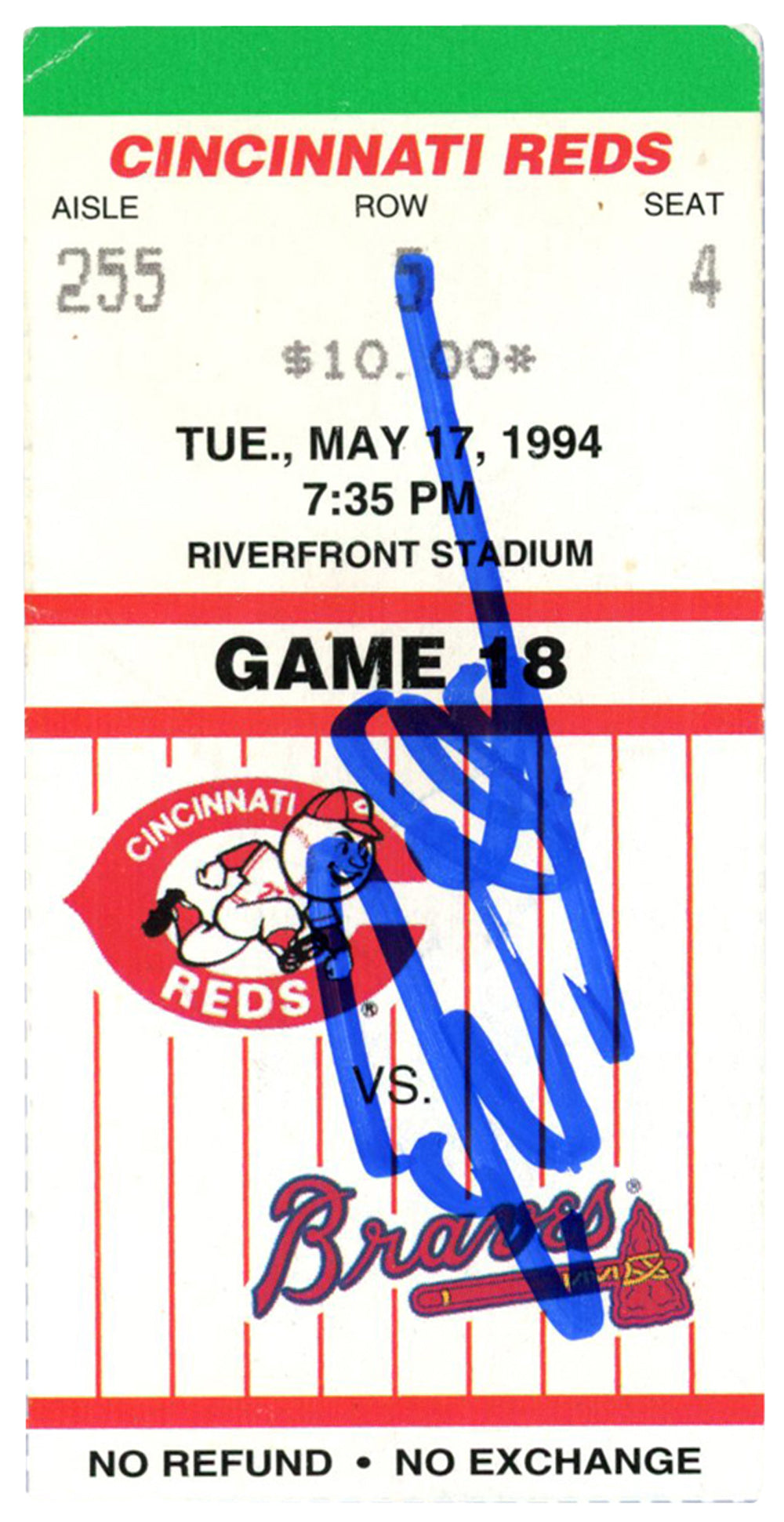Deion Sanders Atlanta Braves Signed Card - 5/17/1994 vs Reds Ticket Beckett - 37187-Powers Sports Memorabilia