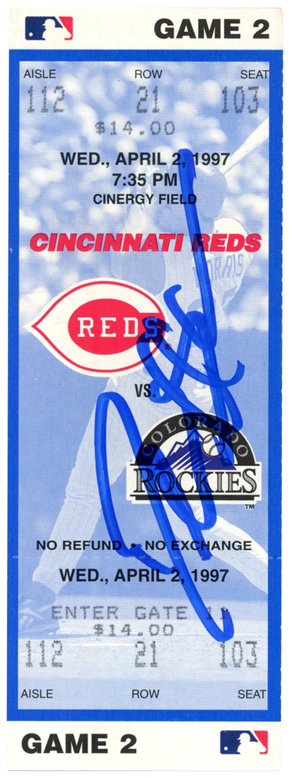 Deion Sanders Cincinnati Reds Signed Card - 4/2/1997 vs Rockies Ticket Beckett-Powers Sports Memorabilia