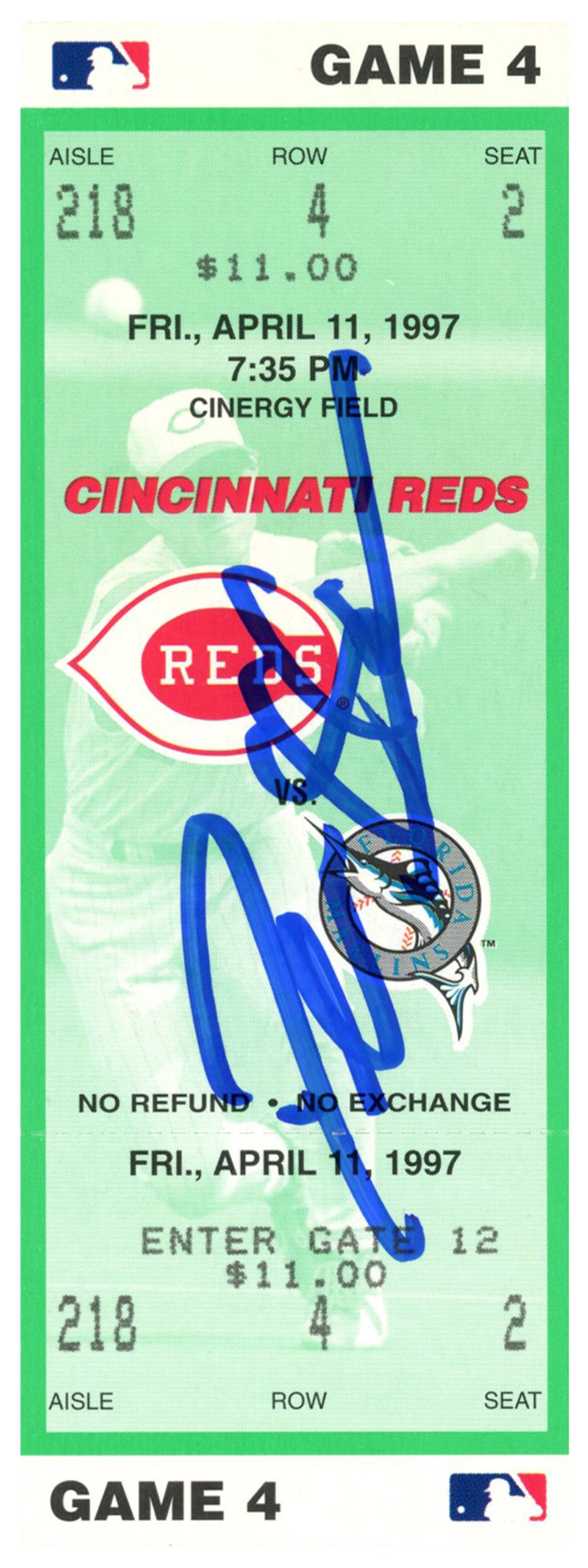 Deion Sanders Cincinnati Reds Signed Card - 4/11/1997 vs Marlins Ticket Beckett-Powers Sports Memorabilia