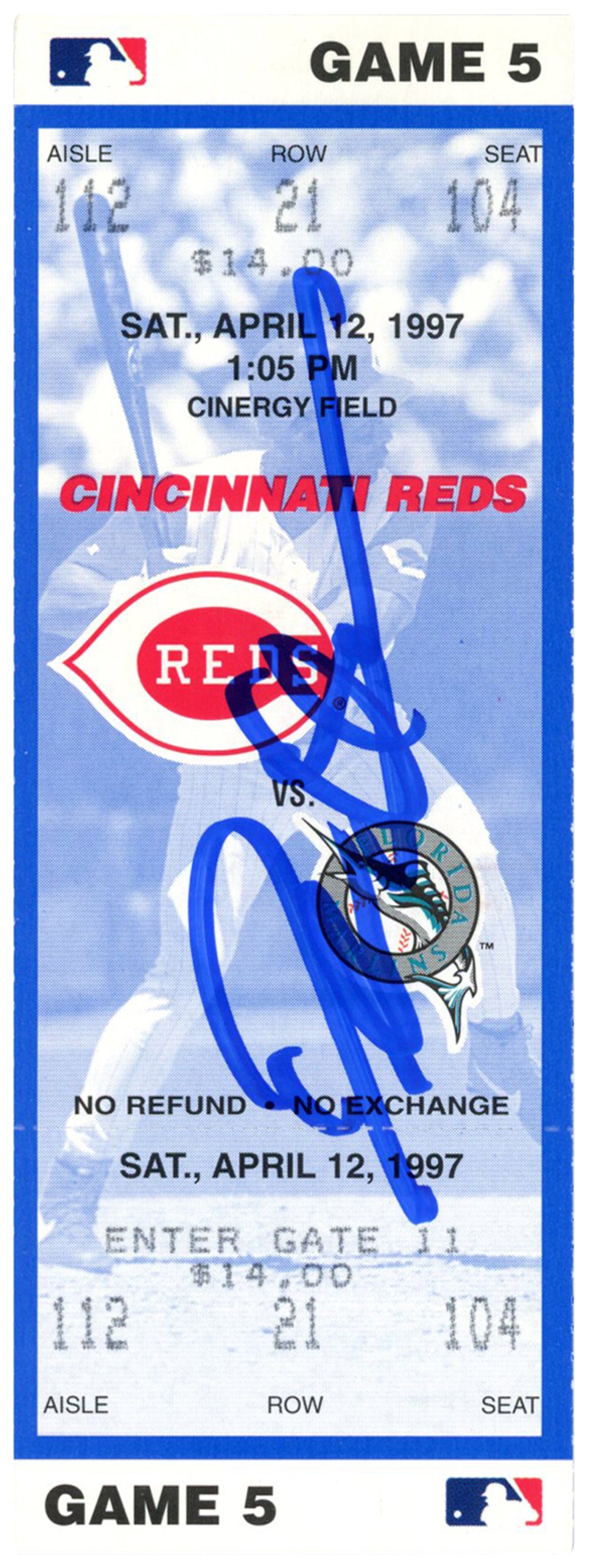 Deion Sanders Cincinnati Reds Signed Card - 4/12/1997 vs Marlins Ticket Beckett-Powers Sports Memorabilia