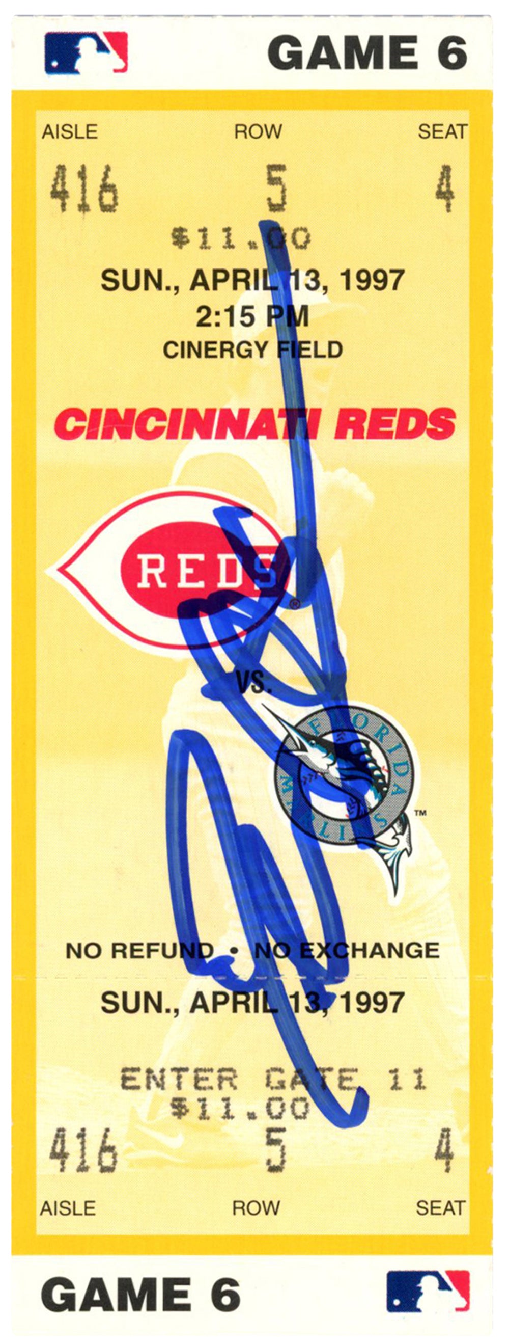 Deion Sanders Cincinnati Reds Signed Card - 4/13/1997 vs Marlins Ticket Beckett-Powers Sports Memorabilia