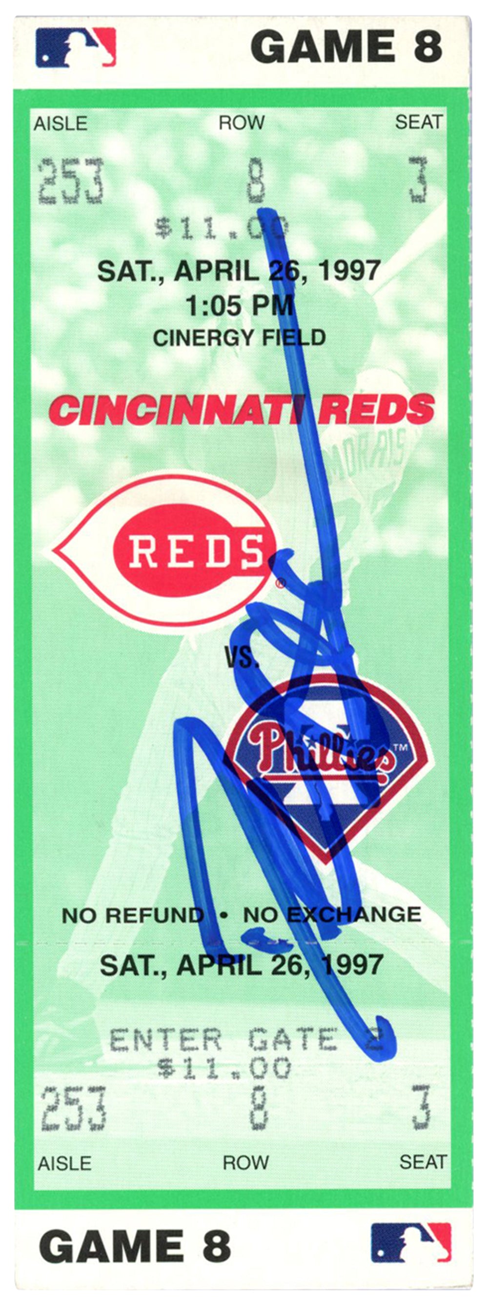 Deion Sanders Cincinnati Reds Signed Card - 4/26/1997 vs Phillies Ticket Beckett-Powers Sports Memorabilia