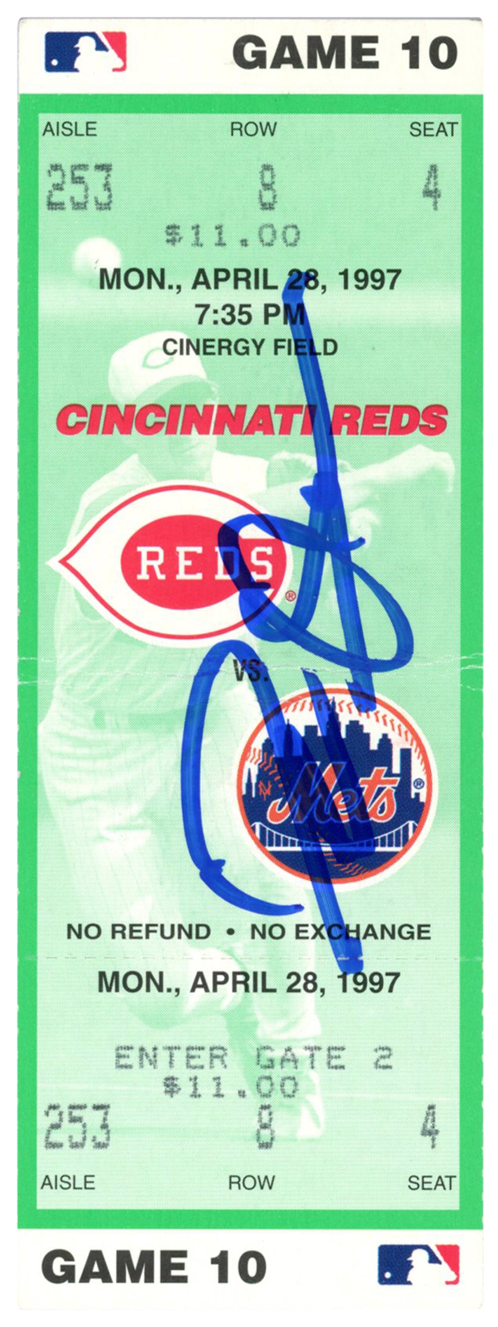 Deion Sanders Cincinnati Reds Signed Card - 4/28/1997 vs Mets Ticket Beckett-Powers Sports Memorabilia