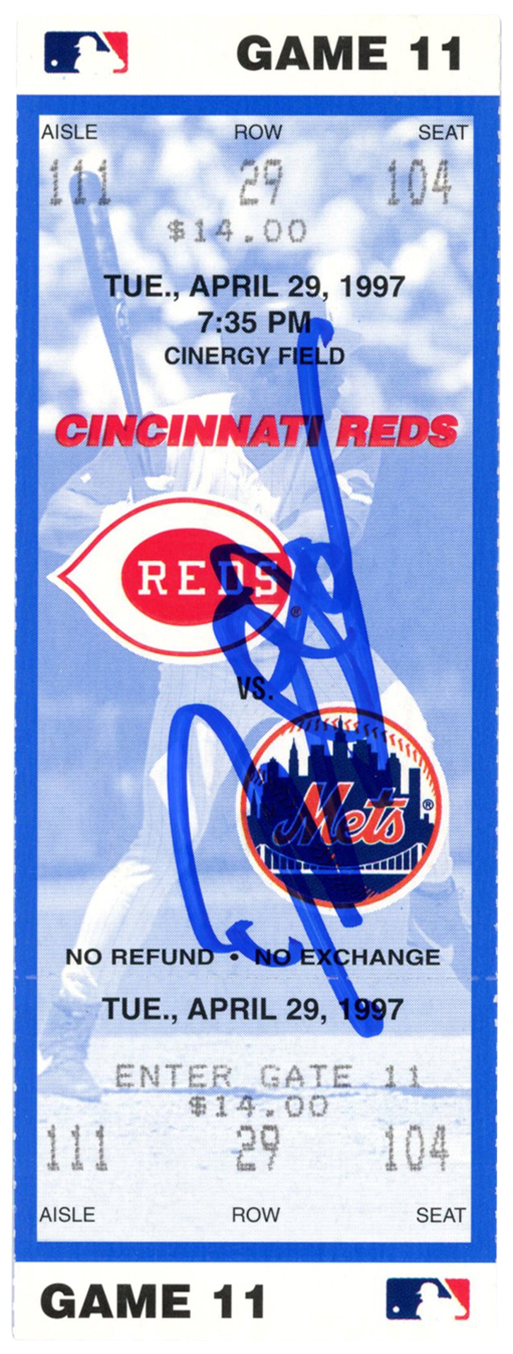 Deion Sanders Cincinnati Reds Signed Card - 4/29/1997 vs Mets Ticket Beckett-Powers Sports Memorabilia