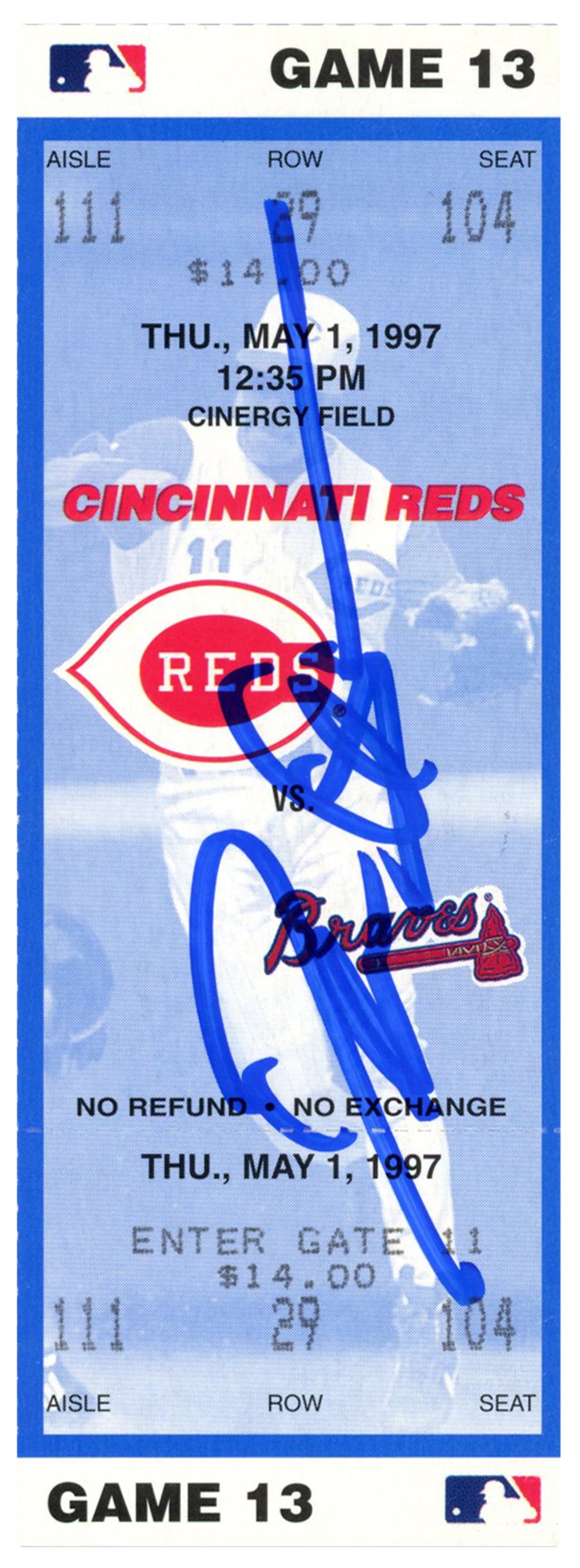 Deion Sanders Cincinnati Reds Signed Card - 5/1/1997 vs Braves Ticket Beckett-Powers Sports Memorabilia