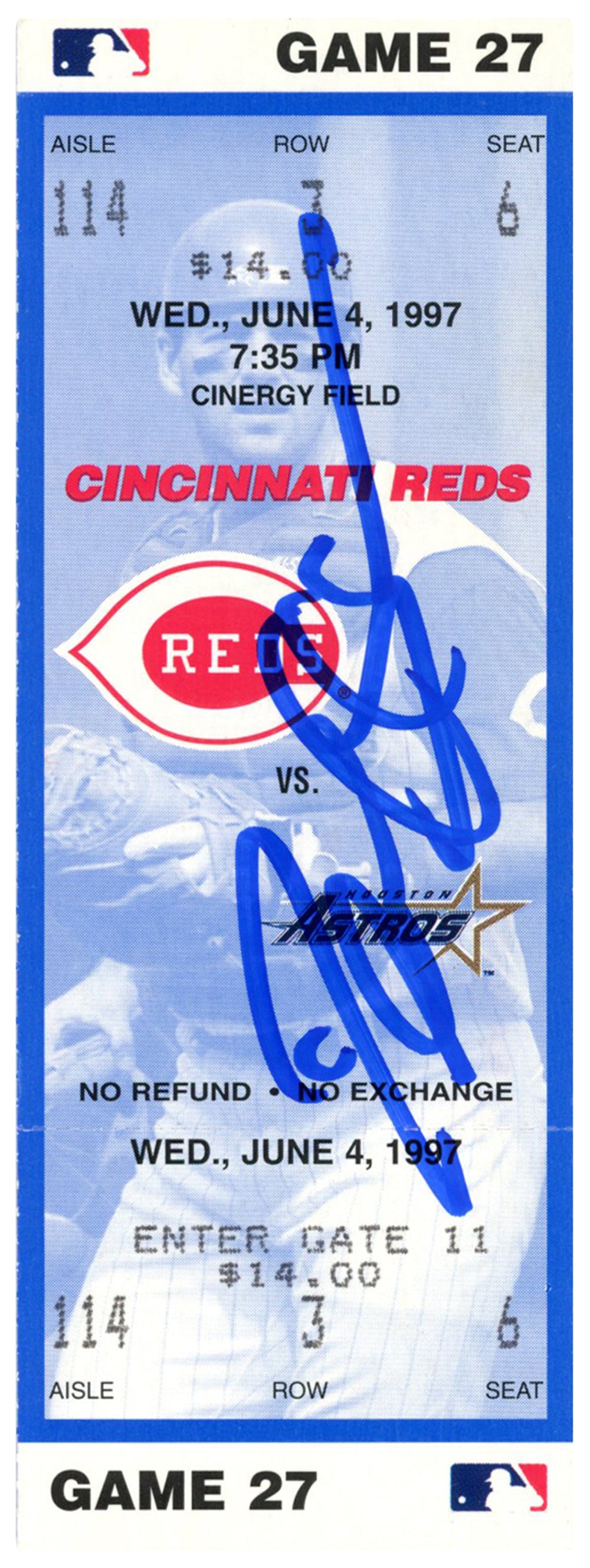 Deion Sanders Cincinnati Reds Signed Card - 6/4/1997 vs Astros Ticket Beckett-Powers Sports Memorabilia