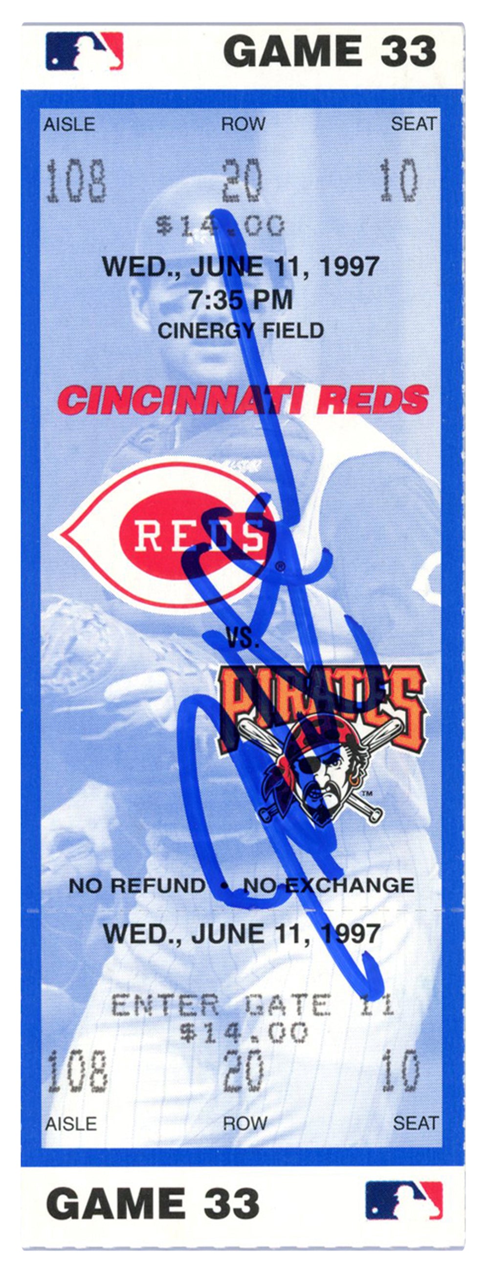 Deion Sanders Cincinnati Reds Signed Card - 6/11/1997 vs Pirates Ticket Beckett-Powers Sports Memorabilia