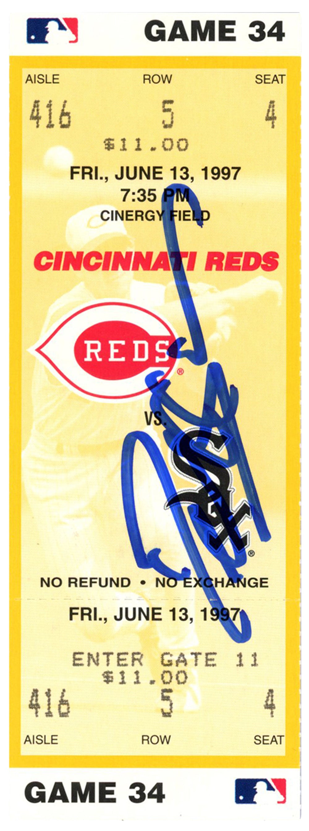 Deion Sanders Cincinnati Reds Signed Card - 6/13/1997 vs White Sox Ticket Beckett-Powers Sports Memorabilia