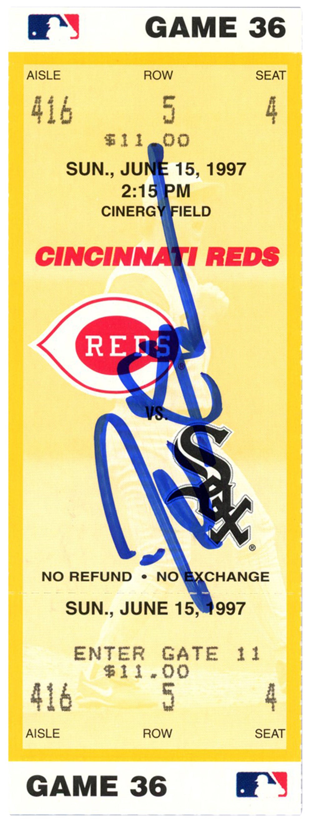 Deion Sanders Cincinnati Reds Signed Card - 6/15/1997 vs White Sox Ticket Beckett-Powers Sports Memorabilia